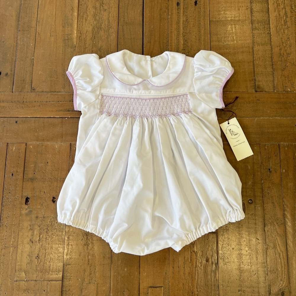 Handmade White Smocked Bubble Romper Kids 6 Months Peter Pan Collar Purple Trim